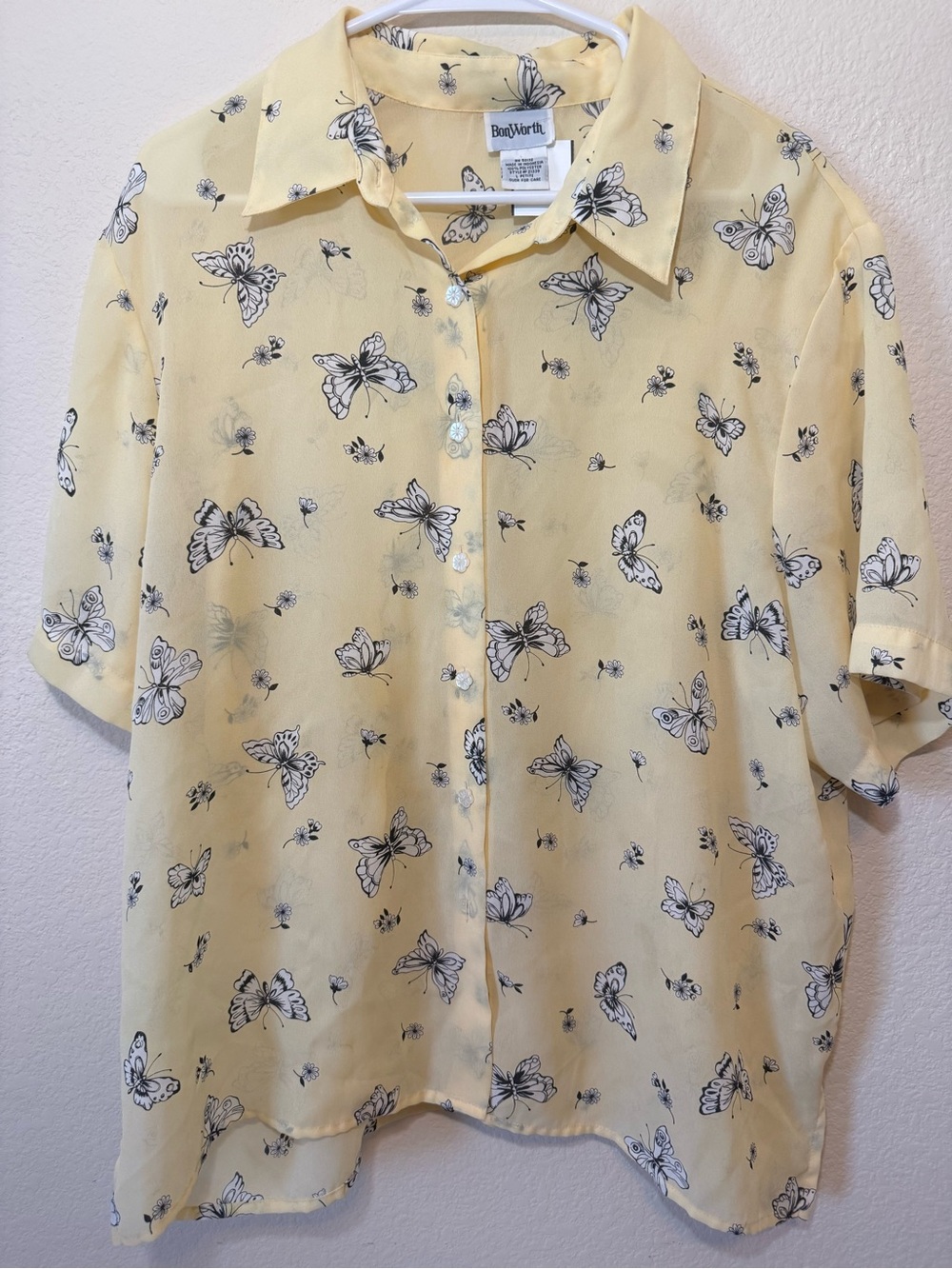 BonWorth Yellow Butterfly Print Short-Sleeve Shirt - Petite Large